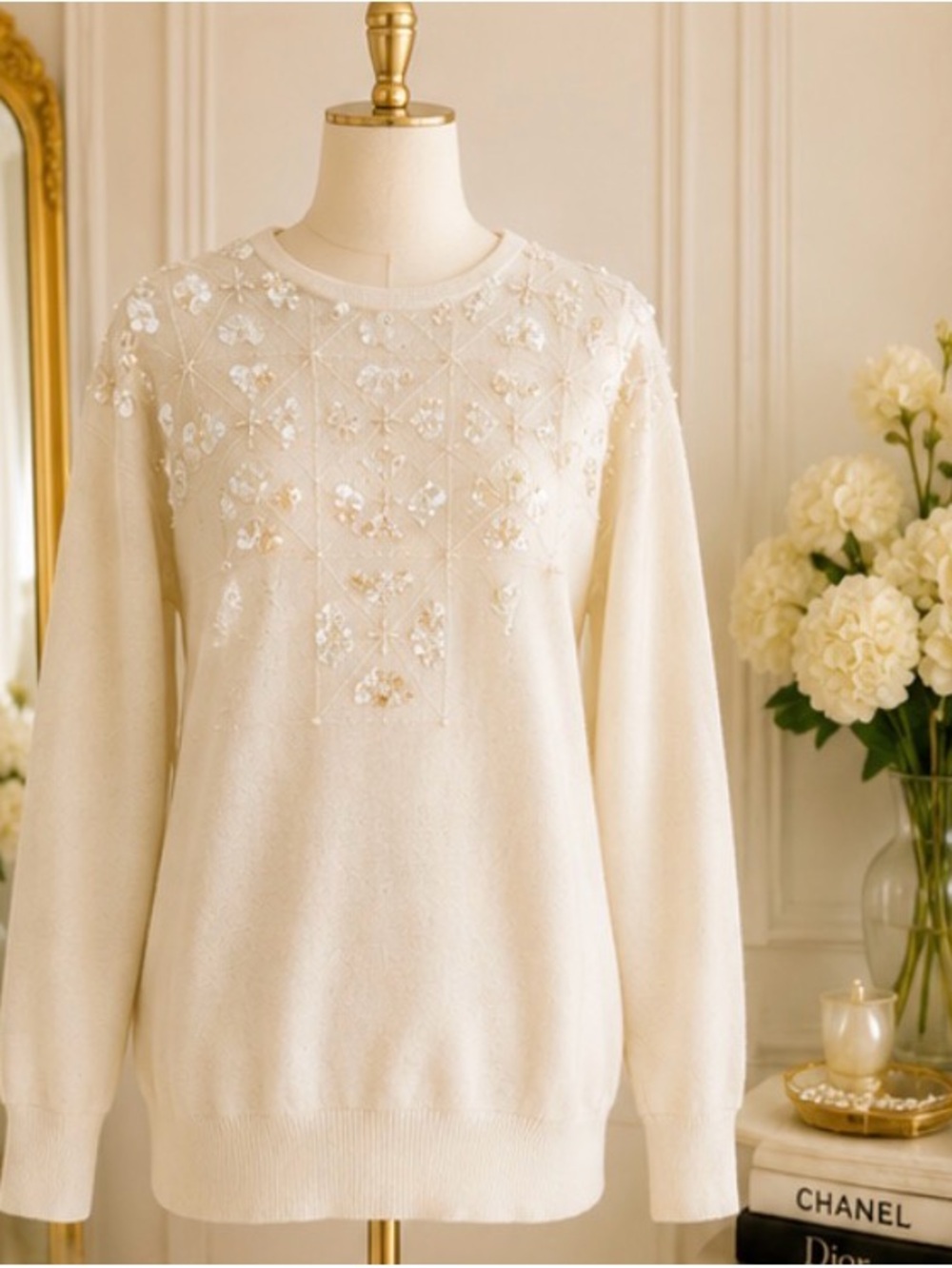 Vintage regency collection for Joyce ivory sequence & pearl embellished sweater